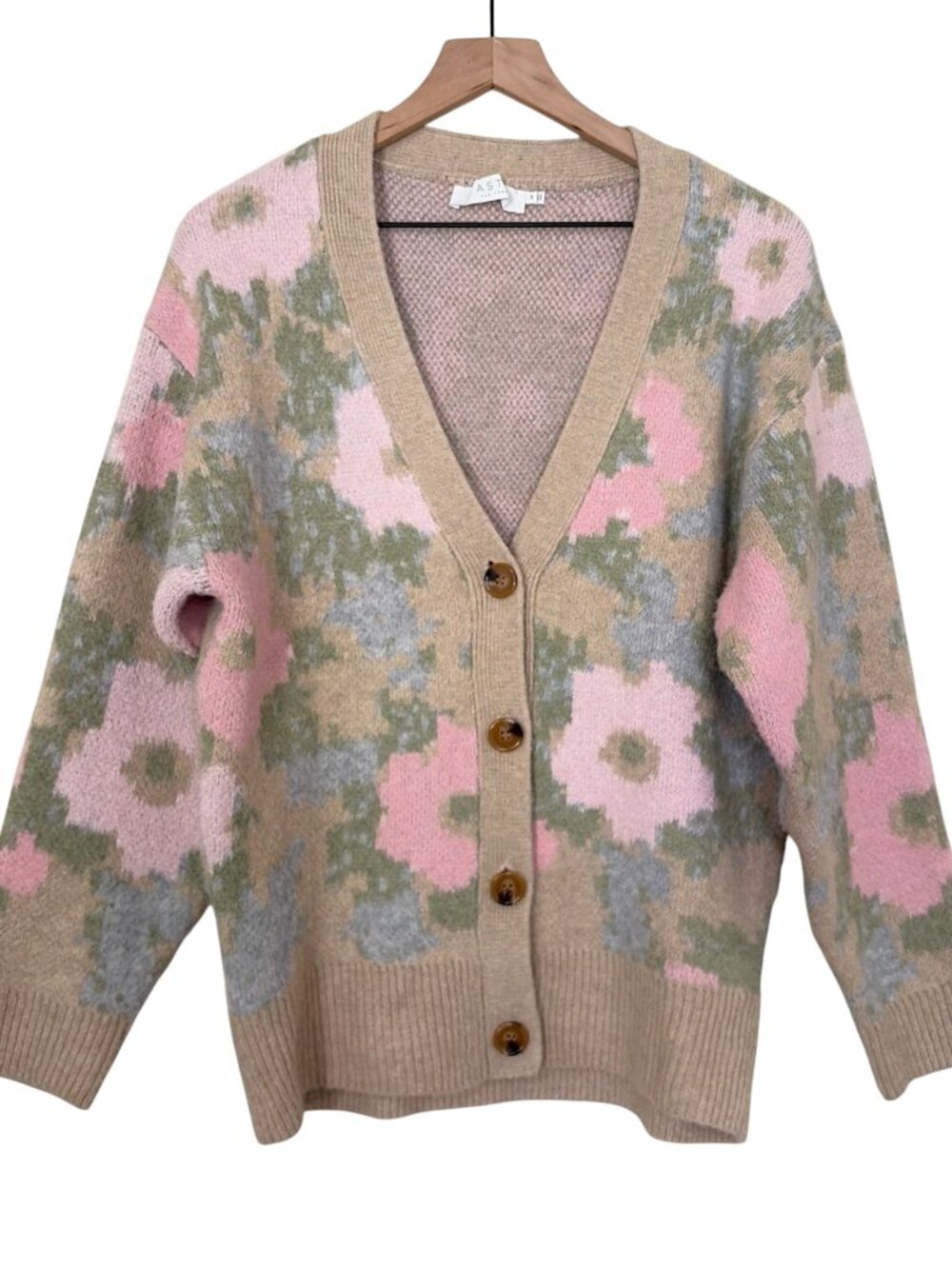 ASTR The Label Pink Beige Floral Rosette Cardigan Sweater